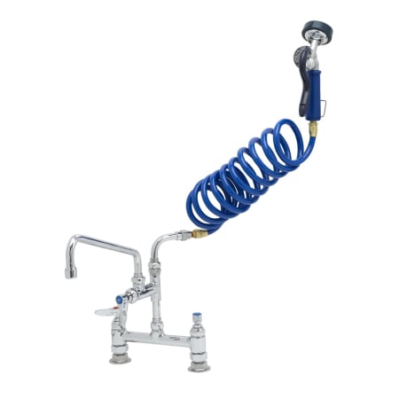 T and S Brass 4.12 GPM Deck Mounted Pet Grooming Station with Angled Spray Valve - Includes 12" Add-On Faucet, 108" Coiled Hose, and Wall Hook Blue