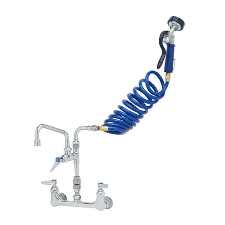 T and S Brass 4.12 GPM Wall Mounted Pet Grooming Station with Angled Spray Valve and Vacuum Breaker - Includes 6" 9.73 GPM Add-On Faucet and 108" Coiled Hose Blue