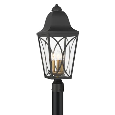 The Great Outdoors Cardigan 3 Light 24" Tall Post Light with Clear Glass Shade Sand Coal Black / Olden Brass