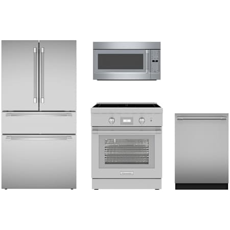 Thermador 36 Inch Wide French Door Refrigerator, 30 Inch Wide Slide-In Induction Range with 2.1 Cu Ft. Over-the-Range Microwave and 24 Inch Wide Top Control Dishwasher Package Stainless Steel