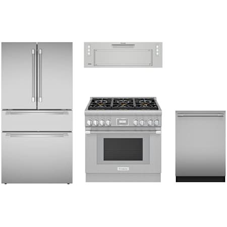 Thermador 36 Inch Wide French Door Refrigerator, 36 Inch Wide Slide-In Gas Range with 36 Inch Wide Range Hood Insert and 24 Inch Wide Built-In Dishwasher Package Stainless Steel
