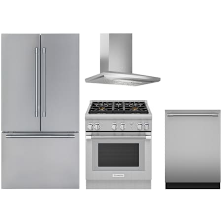 Thermador 30 Inch Wide 20.8 Cu.Ft. French Door Refrigerator, 30 Inch Wide Slide-In Gas Range with 600 CFM 30 Inch Wall Mount Range Hood and 24 Inch Wide Top Control Dishwasher Package Stainless Steel