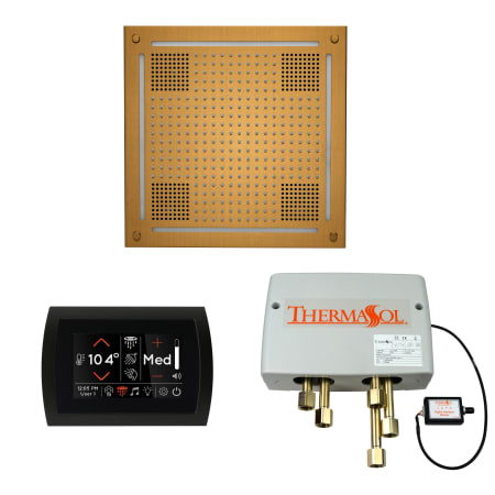 ThermaSol Hydrovive Thermostatic Shower System - Includes 5" Flush Mount Control Panel, Digital Shower Valve, 18" Square Light, and Sound Shower Head Antique Brass