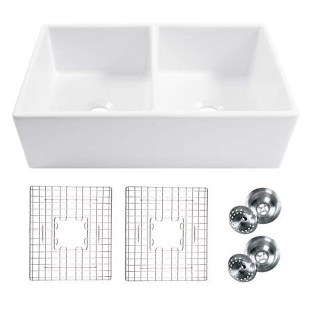 Thompson Traders 33" Farmhouse Double Basin Fireclay Kitchen Sink with Basket Strainer and Basin Rack Gloss White