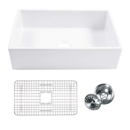 Thompson Traders 30" Farmhouse Single Basin Fireclay Kitchen Sink with Basin Rack and Basket Strainer Gloss White