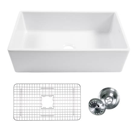 Thompson Traders 33" Farmhouse Single Basin Fireclay Kitchen Sink with Basin Rack and Basket Strainer Gloss White