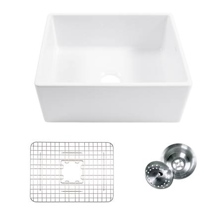 Thompson Traders 24" Farmhouse Single Basin Fireclay Kitchen Sink with Basin Rack and Basket Strainer Gloss White