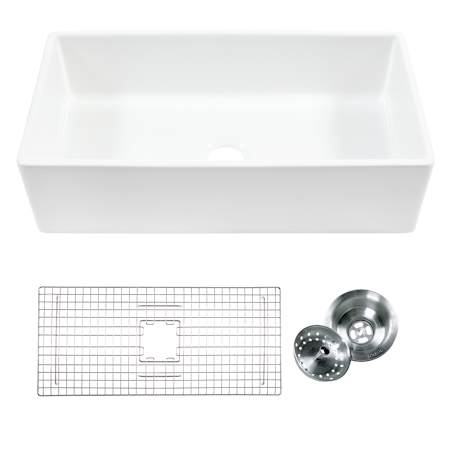 Thompson Traders 36" Farmhouse Single Basin Fireclay Kitchen Sink with Basin Rack and Basket Strainer Gloss White