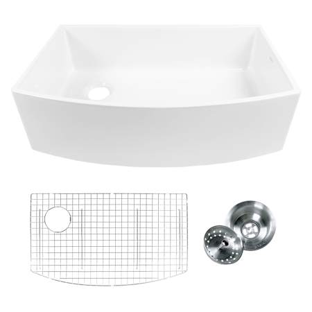 Thompson Traders Sinkology 33" Farmhouse Single Basin Fireclay Kitchen Sink with Basket Strainer and Basin Rack Gloss White