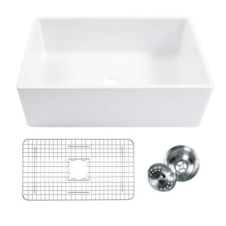 Thompson Traders 30" Farmhouse Single Basin Fireclay Kitchen Sink with Basket Strainer and Basin Rack Gloss White