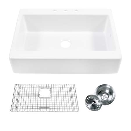 Thompson Traders Sinkology 34" Farmhouse Single Basin Fireclay Kitchen Sink with Basin Rack, Basket Strainer and Predrilled Faucet Holes Gloss White