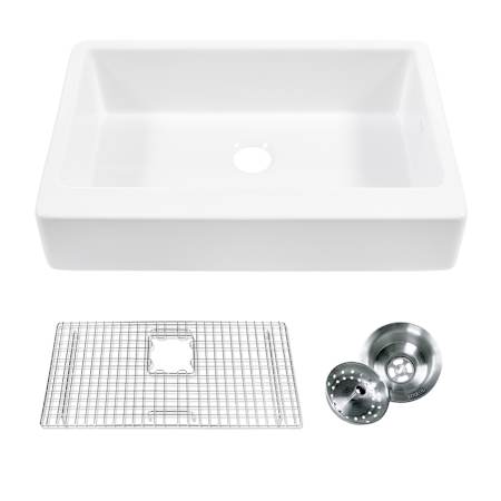 Thompson Traders 34" Farmhouse Single Basin Fireclay Kitchen Sink with Basin Rack and Basket Strainer Gloss White