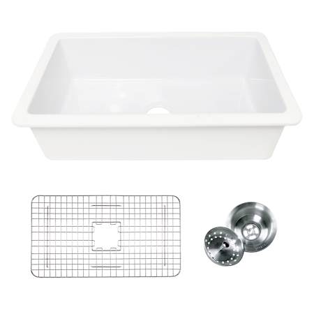 Thompson Traders 31" Undermount Single Basin Fireclay Kitchen Sink with Basin Rack and Basket Strainer Gloss White