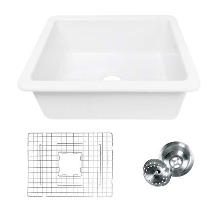 Thompson Traders 23" Undermount Single Basin Fireclay Kitchen Sink with Basin Rack and Basket Strainer Gloss White