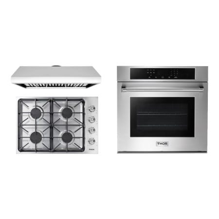 Thor Kitchen Three Piece Kitchen Package Including 30 Inch Gas Cooktop, 30 Inch Wall Oven, and 30 Inch Wall Mounted Range Hood Stainless Steel