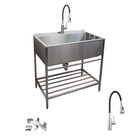 Transolid Contemporary Laundry Washstand 36" Free Standing Single Basin Stainless Steel Laundry Sink with Storage Rack Brushed Stainless