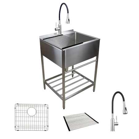 Transolid Contemporary Laundry Washstand 25" Free Standing Single Basin Stainless Steel Laundry Sink with Storage Rack Brushed Stainless