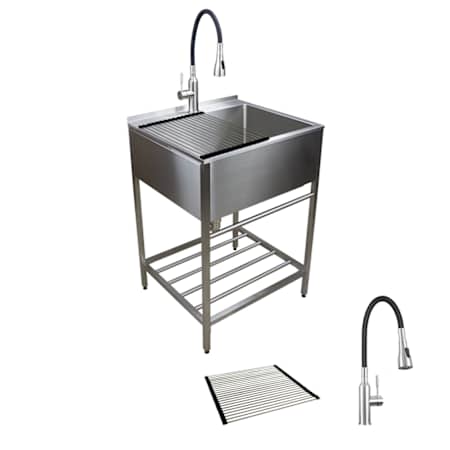 Transolid Contemporary Laundry Washstand 25" Free Standing Single Basin Stainless Steel Laundry Sink with Storage Rack Brushed Stainless
