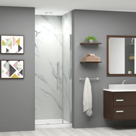 Transolid Elizabeth 76" High x 31" Wide Hinged Semi Frameless Shower Door with Clear Glass Brushed Stainless