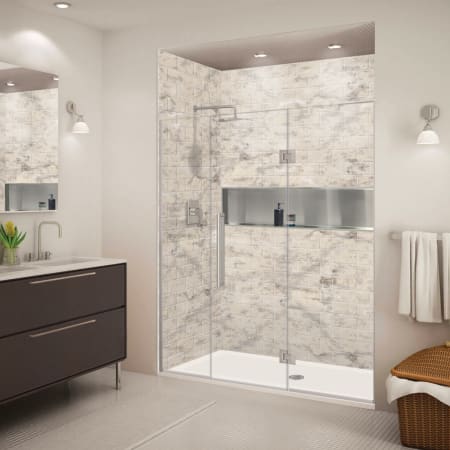 Transolid Elizabeth 76" High x 69" Wide Hinged Semi Frameless Shower Door with Clear Glass Brushed Stainless