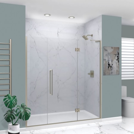 Transolid Elizabeth 76" High x 73" Wide Hinged Semi Frameless Shower Door with Clear Glass Brushed Stainless