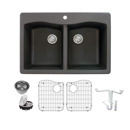 Transolid Aversa 33" Drop In Double Basin Granite Kitchen Sink with Basin Rack and Basket Strainer Black