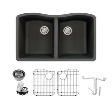 Transolid Aversa 31-15/16" Undermount Double Basin Granite Kitchen Sink with Basin Rack and Basket Strainer Black