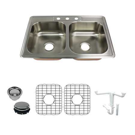 Transolid Classic 33" Drop In Double Basin Stainless Steel Kitchen Sink with Basin Rack and Basket Strainer Brushed Stainless Steel