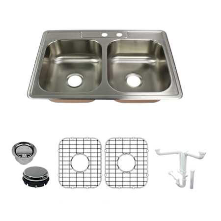 Transolid Classic 33" Drop In Double Basin Stainless Steel Kitchen Sink with Basin Rack and Basket Strainer Brushed Stainless Steel