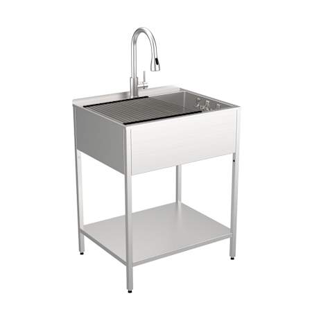 Transolid Contemporary Laundry Washstand 28" Free Standing Single Basin Stainless Steel Utility Sink with Storage Shelf, Stainless Steel Faucet and Basin Rack Brushed Stainless