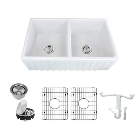 Transolid Logan 33" Farmhouse Double Basin Fireclay Kitchen Sink with Basin Rack and Basket Strainer N/A