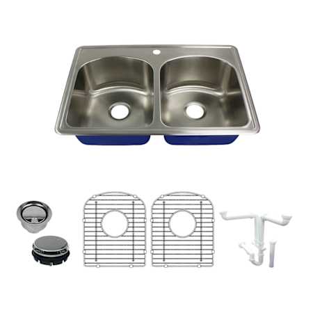 Transolid Meridian 33" Drop In Double Basin Stainless Steel Kitchen Sink with Basin Rack and Basket Strainer Brushed Stainless Steel