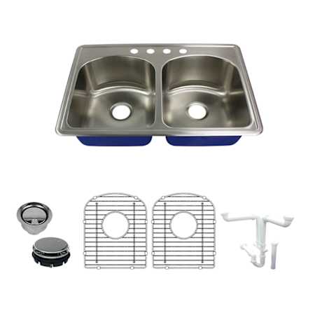 Transolid Meridian 33" Drop In Double Basin Stainless Steel Kitchen Sink with Basin Rack and Basket Strainer Brushed Stainless Steel