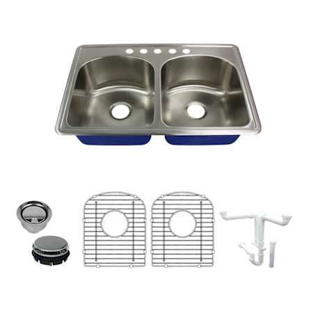 Transolid Meridian 33" Drop In Double Basin Stainless Steel Kitchen Sink with Basin Rack and Basket Strainer Brushed Stainless Steel
