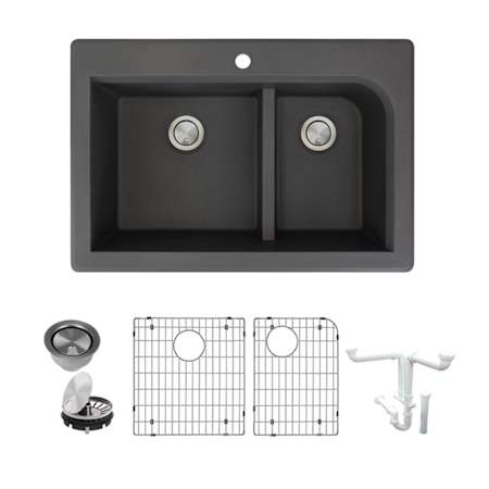 Transolid Radius 33" Drop In Double Basin Granite Kitchen Sink with Basin Rack and Basket Strainer Black