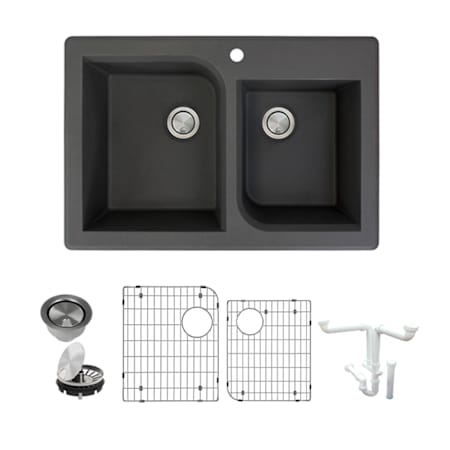 Transolid Radius 3-1/16" Drop In Double Basin Granite Kitchen Sink with Basin Rack and Basket Strainer Black