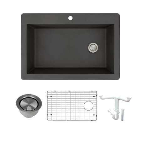 Transolid Radius 33" Drop In Single Basin Granite Kitchen Sink with Basin Rack and Basket Strainer Black