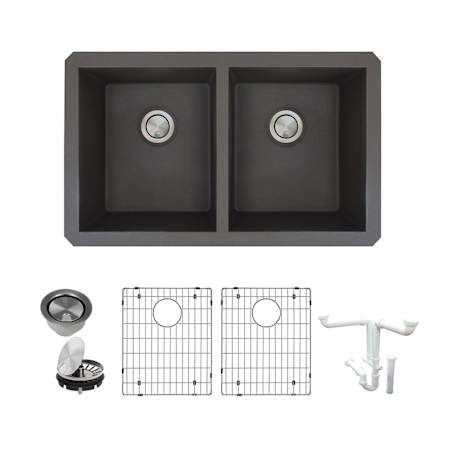 Transolid Radius 31-3/4" Undermount Double Basin Granite Kitchen Sink with Basin Rack and Basket Strainer Black