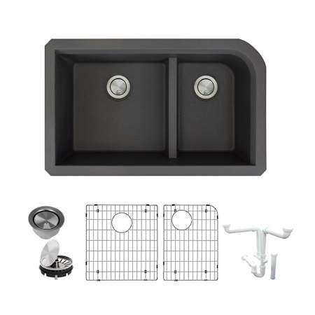 Transolid Radius 31-3/4" Undermount Double Basin Granite Kitchen Sink with Basin Rack and Basket Strainer Black