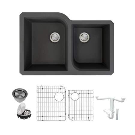 Transolid Radius 31-3/4" Undermount Double Basin Granite Kitchen Sink with Basin Rack and Basket Strainer Black