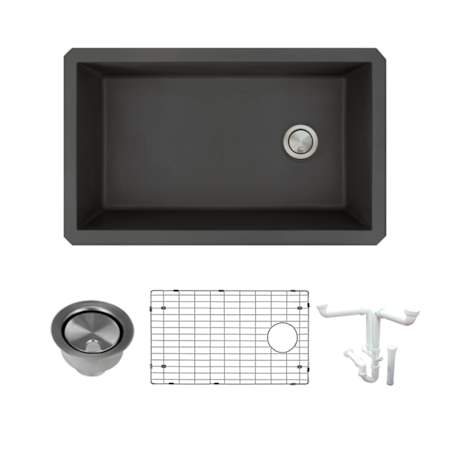 Transolid Radius 31-3/4" Undermount Single Basin Granite Kitchen Sink with Basin Rack and Basket Strainer Black