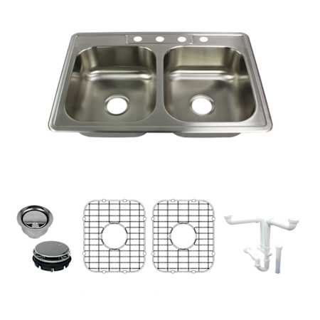 Transolid Select 33" Drop In Double Basin Stainless Steel Kitchen Sink with Basin Rack and Basket Strainer Brushed Stainless Steel