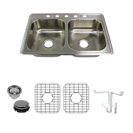 Transolid Select 33" Drop In Double Basin Stainless Steel Kitchen Sink with Basin Rack and Basket Strainer Brushed Stainless Steel