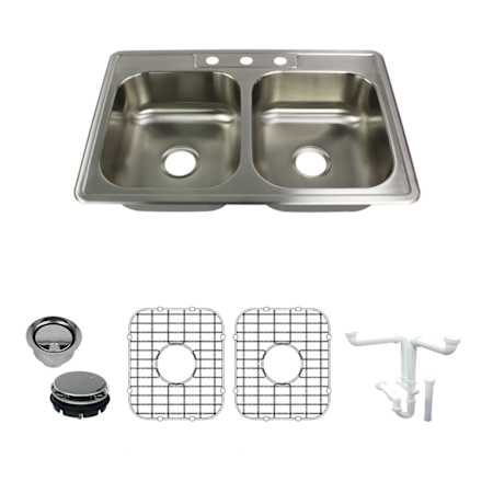 Transolid Select 33" Drop In Double Basin Stainless Steel Kitchen Sink with Basin Rack and Basket Strainer Brushed Stainless Steel