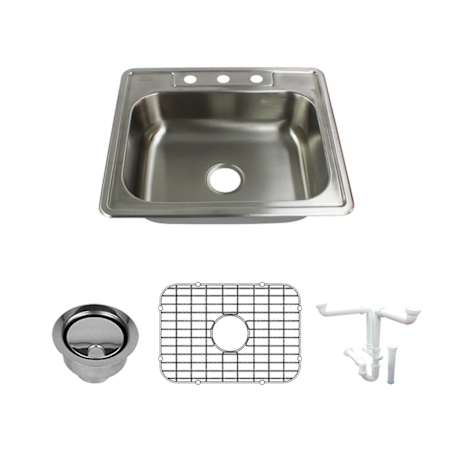 Transolid Select 25" Drop In Single Basin Stainless Steel Kitchen Sink with Basin Rack and Basket Strainer Brushed Stainless Steel