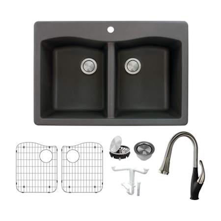 Transolid Aversa 33" Drop In Double Basin Granite Kitchen Sink with Basin Rack and Basket Strainer Black