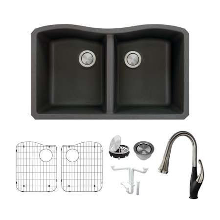 Transolid Aversa 31-15/16" Undermount Double Basin Granite Kitchen Sink with Basin Rack and Basket Strainer Black