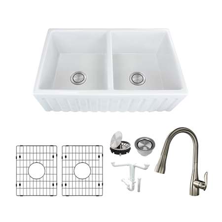Transolid Logan 33" Farmhouse Double Basin Fireclay Kitchen Sink with Single Hole 1.8 GPM Kitchen Faucet White