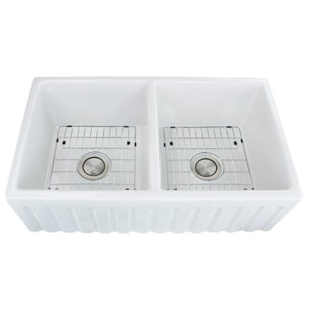 Transolid Versailles 33" Farmhouse Double Basin Fireclay Kitchen Sink with Single Hole 1.8 GPM Kitchen Faucet White