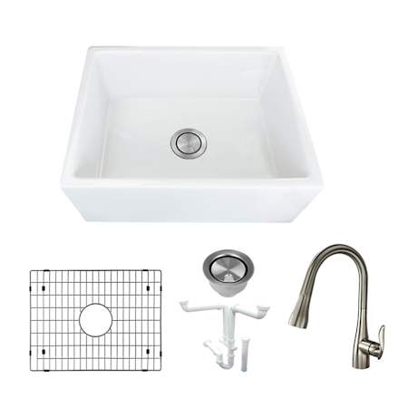 Transolid Porter 24" Farmhouse Single Basin Fireclay Kitchen Sink with Single Hole 1.8 GPM Kitchen Faucet White